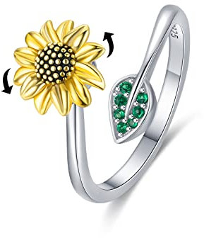 Sonnenblumen Ring 925 Sterling Silber Fidget Ringe Sonnenblume Spinner Ring Offener Verstellbarer Ring Geschenk Schmuck für Damen