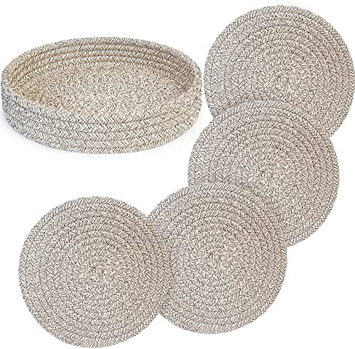 AmapleL 9 Zoll Topfuntersetzer für heiße Gerichte, Satz von 4 Untersetzern für heiße Töpfe und Pfannen Halter und 1 Packung Küche Lagerung Korb, Baumwolle Runde heiße Pads (Braun)