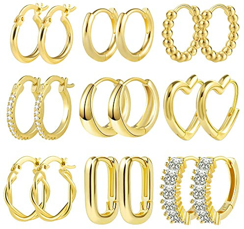 Boucles d'oreilles créoles en or rose, lot de 9 paires créoles en or rose petites pour femme, créoles en or rose plaqué or 14 carats avec zircon coeur cartilage