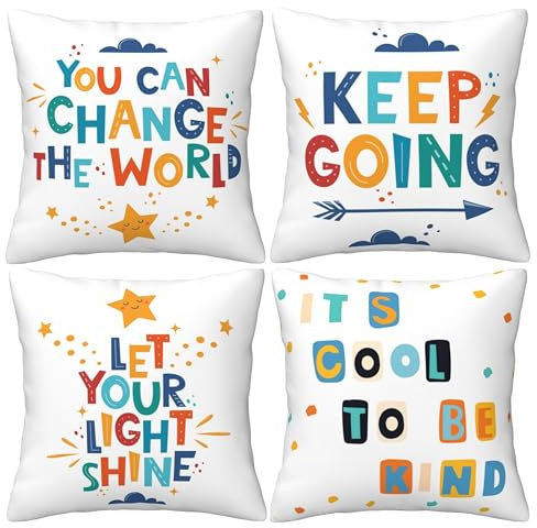 LOHDALOLF Inspiration Quotes Cushion Covers 45x45 cm Set of 4 Colorful Classroom Cushion Cases Positive Kids Children Reading Decorative Pillow Covers for Kids Children