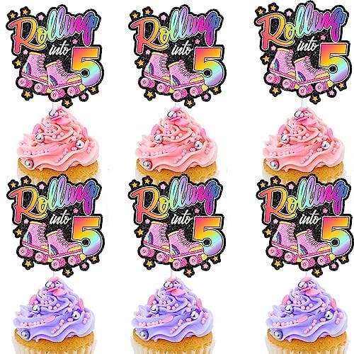 Cupcake Roller Skating Toppers Set of 18 Ice Skates 5th Happy Birthday, Ice Skates Themed Birthday Party for Boy or Girl, Retro Roller Skates Themed Party or Kids Disco Ball Party Decoration. LIANGSS