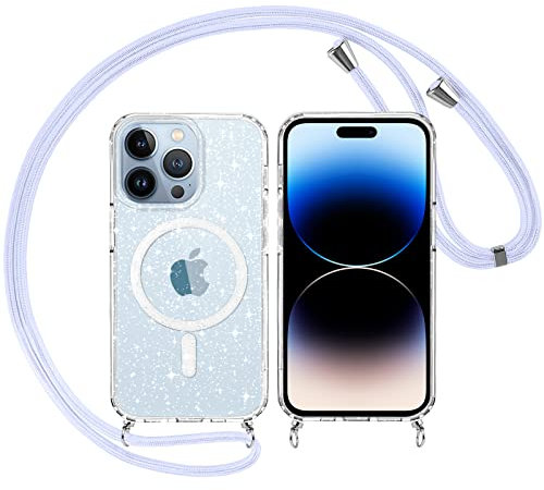Yoedge Transparente Funda Glitter Magnética con Cuerda para Apple iPhone 14 Pro 6,1, Brillante Carcasa Compatible con MagSafe con Círculo Magnético Correa Colgante Cover Case para iPhone14 Pro, Azul