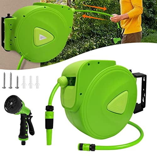JOIEYOU Avvolgitubo automatico, avvolgitubo avvolgitubo da giardino, tubo da giardino con arresto, con doccetta e connettori, 30 m + 2 m, verde