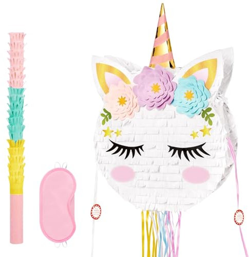 WERNNSAI Einhorn Pinata – Geburtstags Piñata Mädchen Kindergeburtstag Regenbogen Einhorn Faltbare Pinata mit Kordelzug Augenmaske Stab Geburtstagsparty Dekorationen Sommerparty Partyspiele Zubehör