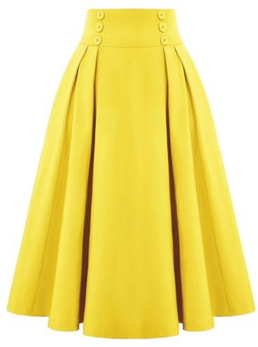 Fulbant Frauen Sommer Elastische Taille Retro Vintage Rock Plissee Design Einfarbig Flare Midi Lila Flieder Röcke, gelb, 52