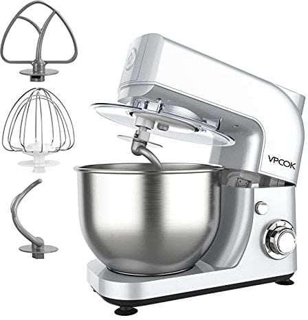 Vpcok Direct Batidora Amasadora con 6 Velocidades Batidora Reposteria, Batidora Electrica con Bol de Acero, Amasador, Batidor y Varillas, Amasadora de Pan