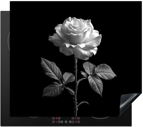 KitchenYeah© Herdabdeckplatte Einteilig Küche Herdabdeckung Induktionsfeld Ceranfeld Herdabdeckplatten Vinyl Matte Aufrollbar Rose - Schwarz und weiß - Blumen - Natur - 60x52 cm