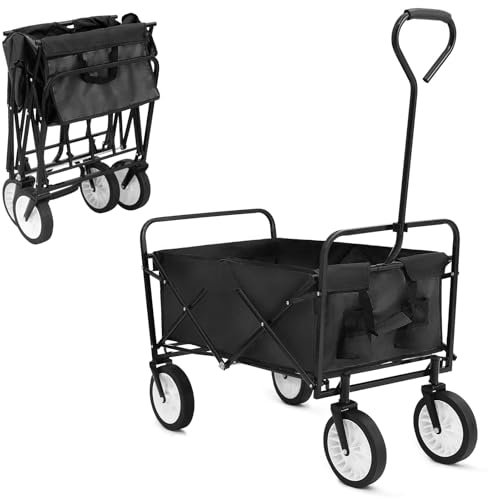 Bollerwagen Transportwagen Faltbar Handwagen mit Seitentasche, 98L/80KG Belastbar Strandwagen Klappbar, All Terrain Gartenwagen, für Einkaufen, Camping, Strand, Transport, Outdoor (Schwarz)