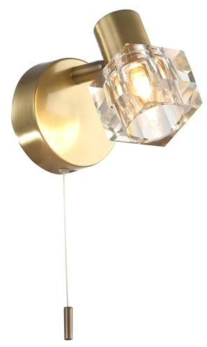 Happy Homewares Modern Antique Brass Wall Light Fitting with Chunky Square Clear Ice Cube Glass Shade and Pull Switch | G9 | 10cm x 8cm x 17cm