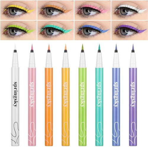 SPRINGSUGAR Eyeliner Set 8 Macaron Farben, Neon Eyeliner Bunt Wasserfest, Langanhaltend, Flüssiger Eyeliner für Konzerte, Partys, Verabredungen, Festliches Make-up