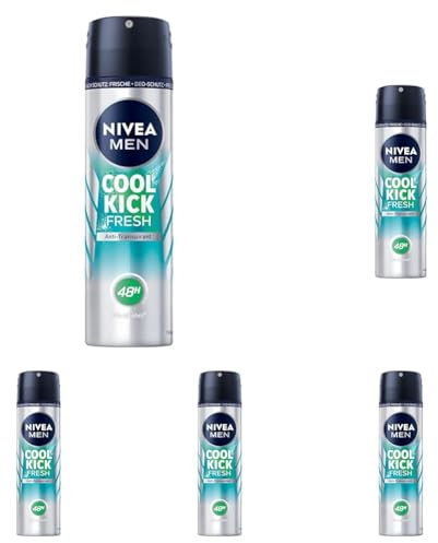 NIVEA MEN Cool Kick Fresh Deo Spray (150 ml), Deodorant schützt 48h gegen Schweiß und Körpergeruch, Antitranspirant mit Kaktuswasser und leichter Formel (Packung mit 5)