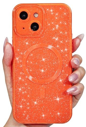 Svanove Glitter Case for iPhone 15 Plus Phone Case Magnetic Compatible with Magsafe, Sparkle Bling Shiny Cute Girly Design, Aesthetic Slim Soft TPU Mag Cover for Women Girl, Neon Orange
