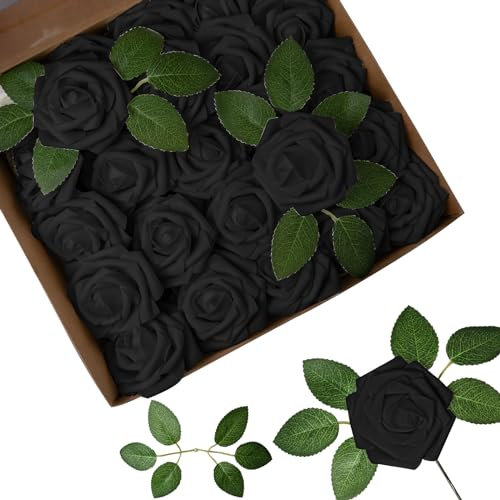 Lot de 50 Roses artificielles en Mousse avec tiges pour Bouquets de Fleurs de Mariage, fête, fête prénatale, décoration de la Maison (Noir)