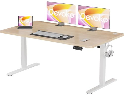 Devoko Bureau Assis Debout 140x60cm,Bureau Réglable en Hauteur avec Plateau Complet,4 Hauteurs Mémorisables et Anti-Collision,Bureau Électrique,Hauteur Réglable 72-116 cm(Beige,140cm)
