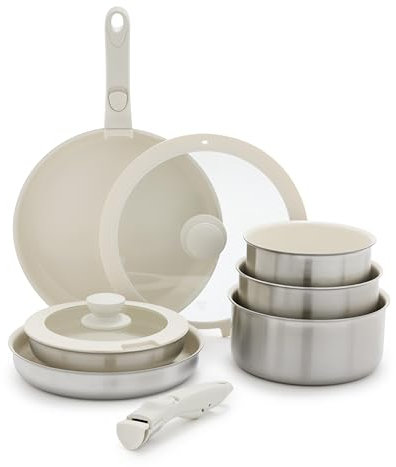 GreenLife 10 Piece Stainless Steel Pots and Pans, Detachable & Stackable Kitchen Set, Tri Ply Ceramic Nonstick PFAS Free Cookware, Space Saving with Removable Handle, Induction & Oven Safe, Glass Lid