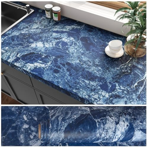 VEELIKE Papier Peint Marbre Bleu Papier Adhesif Marbre Épais Papier Autocollant Marbre Bleu Vintage Papiers Peints pour Comptoirs Salle de Bain plan de Travail de Cuisine Table Lavable 40cm×300cm