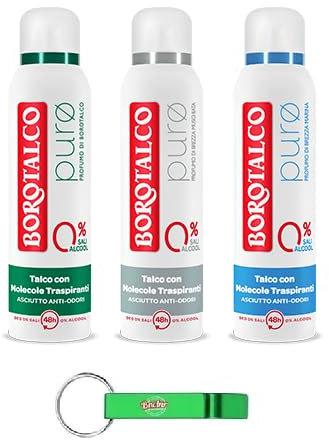 12x Testpaket Borotalco Puro Deodorante Deo Spray,0% Aluminiumsalze,Trockene Wirksamkeit, Anti-Geruch,150ml + Beni Culinari Kostenloser Schlüsselanhänger