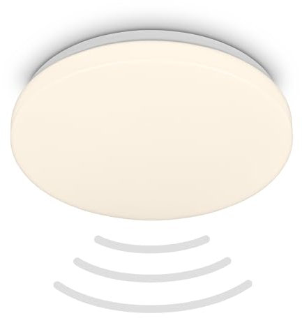 BRILONER - LED Deckenlampe mit Bewegungsmelder 3m Reichweite IP54, Warmweiße Lichtfarbe, 120 Grad Erfassung, Deckenleuchte, LED Lampe, Badlampe, Badezimmerlampe, Küchenlampe, 27x6,5 cm, Weiß