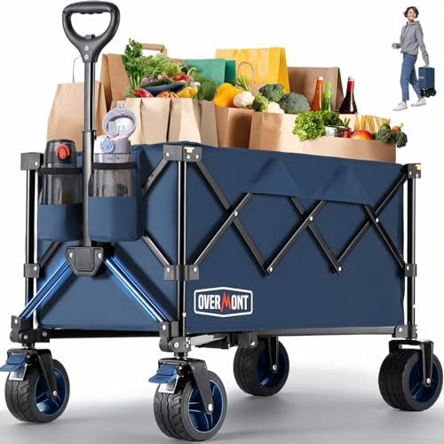 Overmont Faltbar Bollerwagen Klappbar Handwagen - mit Geländegängige Breite Räder - bis 150 kg Tragkraft - für Camping Sport Einkaufen Garten Blau