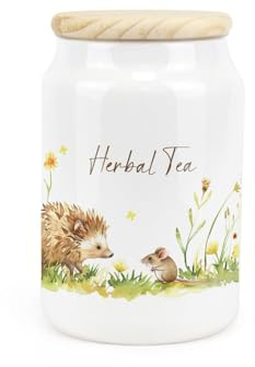 Purely Home Hedgehog & Mouse Ceramic Herbal Tea Storage Canister - Woodland Wildlife & Scenery Artwork Kitchen Food Storage Container & Wooden Lid 600ml (14.5cm x 9.5cm)