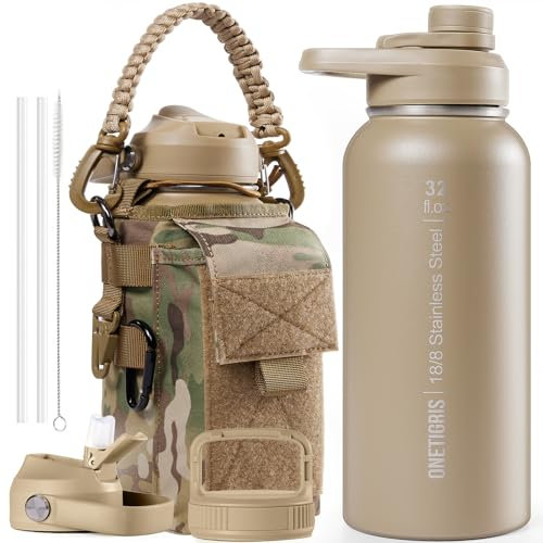 OneTigris Gourde Sport, 0.9l Gourde en Acier Inoxydable avec un Bon Effet d'Isolation, Idéal pour Vélo, Camping, Yoga, Gym, Airsoft,32oz(Camo)