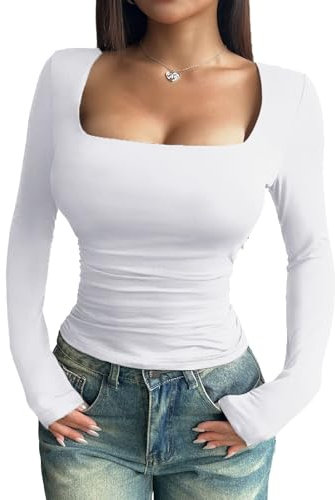 YNIQUE Women's Long Sleeve Shirt Classic Basic T-Shirt Y2K Slim Fit Sexy Crop Top Casual Sweatshirt Round Neck Tee Shirt Pullover White
