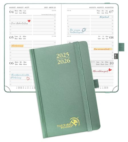 POPRUN Taschenkalender 2025 2026 Klein Hardcover, ca. A6 (16 x 10,5 cm) - Kalender 2025 2026 Klein (Aug.2025-Dez.2026) - Wochenplaner 1 Woche 2 Seite mit Innentasche - Mitternachtsgrün