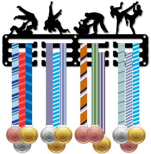 CREATCABIN Jiu Jitsu Medaillenhalter Sportmedaillen Aufhängerhaken Kleine Metall Auszeichnungsbänder Präsentationsständer Eisenrahmen Zur Wandmontage Für Läufer Wettkämpfe Rennen Siege Tanzen 29x13cm