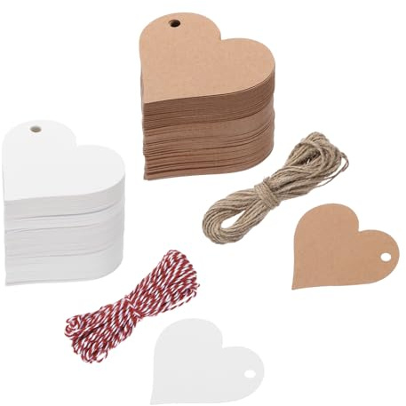 QUARKZMAN 100 Stück Geschenkanhänger Kraftpapier Weiß Etiketten Rot | Geschenk Anhänger Tags, Herz Kärtchen, Mit 10 Meter Jute Schnur, Für Geschenkverpackung Weihnachten