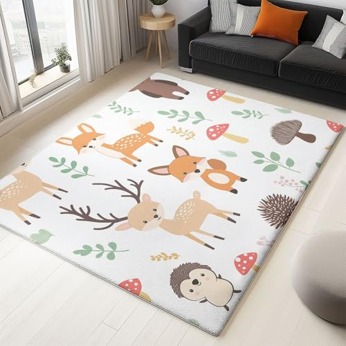 Generisch Teppich Cartoon-Tiere Hirsch Fuchs rutschfest Waschbar Teppich,90 x 150 cm Druck Teppich für Dekoration Schlafzimmer Kinderzimmer Wohnzimmer Kurzflor Weiß Teppich
