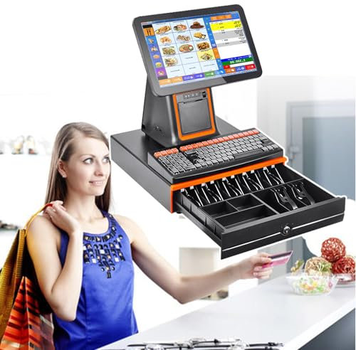 HCAUYNN Elektrische Registrierkasse Mit Touch-Steuerung, Mit Drucker/Kasse/Tastatur, 15,6-Zoll-Touchscreen, Kassenterminal, FüR Die Verbrauchsabrechnung,Black