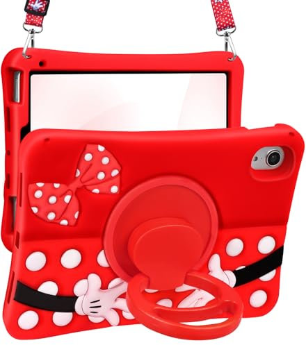 Kokaade for iPad Mini 7 A17 Pro Case for iPad Mini 7th/6th Generation - Soft Silicone Cute Cartoon with Shoulder Strap & Rotating Stand 3D for Girls Boys Teens, Red