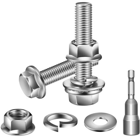 10Pcs M8 x 20mm Hex Bolts, Flange Hexagon Screws, Flanged Head Bolt 304 Stainless Steel Fully Threaded, Flat & Lock Washers, Nuts and Bolts Assortment