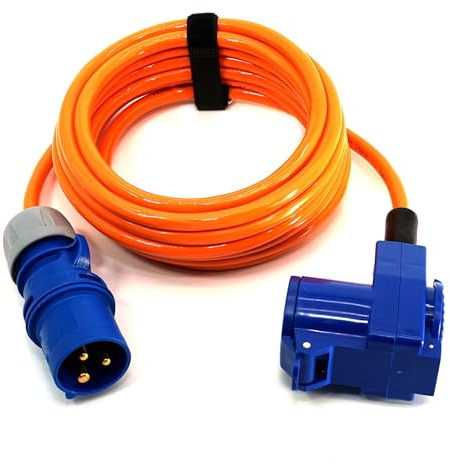 Event-Kabel&more – CEE-Camping-Verlängerungskabel 3x2,5mm² mit CEE-Stecker & Winkelkupplung mit integrierter Schuko-Steckdose, 16A, 230V, PUR-Kabel, orange (1,5m-50m) Camping-Line (10 Meter)