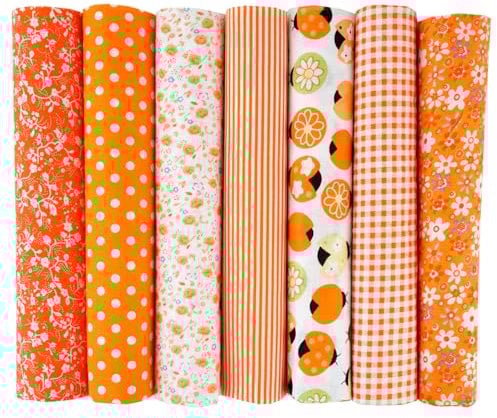 7er Set Baumwollstoff 50x50cm – Stoffe zum Nähen, Patchwork Stoffe, Stoffreste – DIY Stoff für Basteln, Quilten, Deko & Puppenkleidung – 100 % Baumwolle, Verschiedene Designs (Orange, 50x50cm)