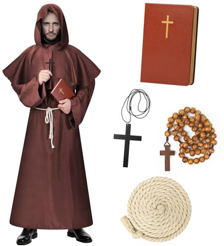Lozzzyo Ensemble Deguisement Halloween Moine Adulte - Deguisement Halloween Homme avec Moine Cahier, Chapelet et Collier - Costume Halloween Homme Thème Médiéval