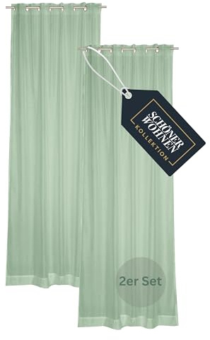 SCHÖNER WOHNEN Ösenvorhänge 2er Set Grün halbtransparent - Gardinenschals 140x250 mit Ösen - Durchsichtige Gardinen für Wohnzimmer & Schlafzimmer - Vorhänge modern, lichtdurchlässig, Öko-Tex