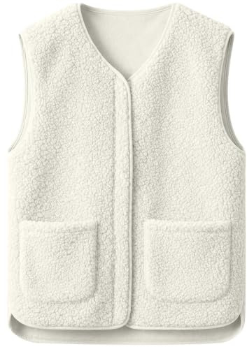 Yutdeng Teddy Gilet Femme sans Manche Veste Polaire Doux Chaud Manteau Automne Hiver Couleur Unie Col en V Veste avec Fermeture Éclair Chic Manteaux Sherpa Outwear Waistcoat avec Poches