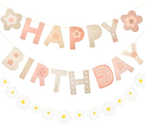 NISENTIA Gänseblümchen Happy Birthday Girlande Deko, Girlande Geburtstag Mädchen, Geburtstagsgirlande Kinder Erwachsene, Happy Birthday Deko Banner, Geburtstagsdeko für Jungen Mädchen Party Decoration