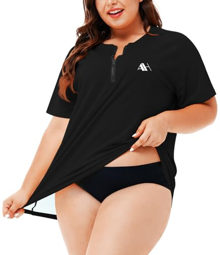 Arankhiger Damen Rashguard Übergröße UV Shirt Schnelltrocknend Badeshirt 1/4 Zip Schwimmshirt