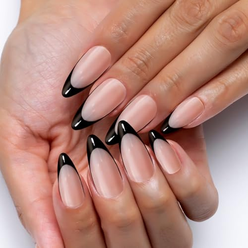 12 Sizes-24 Pcs Reusable Almond Press on Nails Kit | Nude Black French Tip Stick On Nails Press Ons | Mid-length Pointed False Nails for Women Daily DIY