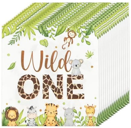 40 Stück Dschungel Servietten Kindergeburtstag Deko, Wild One Servietten 1. Geburtstag, Servietten Tiere33x33cm, Geburtstagsservietten, Kindergeburtstag Tischdeko, 1. Geburtstag Deko