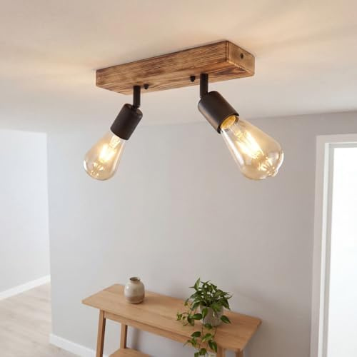 Licht-Erlebnisse Deckenstrahler 2-flammig E27 37 cm breit geflammtes Holz Metall in Schwarz Retro Design Deckenlampe Flur Spot Decke