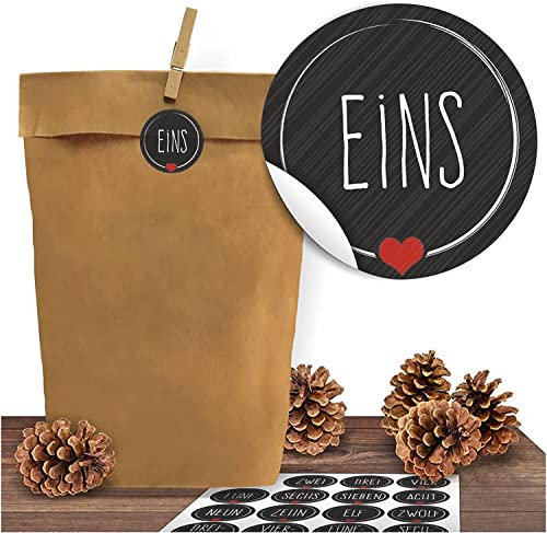 24 Adventskalender Kraftpapiertüten mit 24 Zahlen-Aufklebern Schick und Schwarz zum Verschließen für den Adventskalender zum Basteln und Befüllen