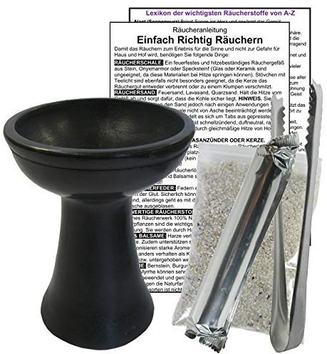 RÄUCHERSCHALE XL Räuchergefäß Set mit Kohle - Räucherkelch NATURSTEIN + RÄUCHERZANGE zum räuchern für jedes Räucherwerk, Weihrauch, Hausreinigung, Rauhnächte mit Räucheranleitung, ZUBEHÖR. 81001-S02