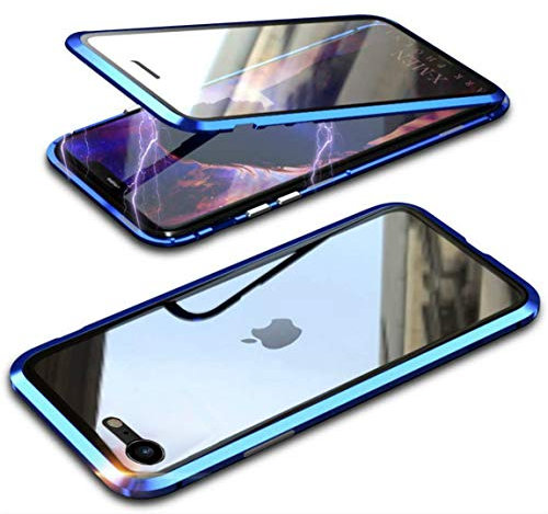 MOSSTAR Hülle für iPhone SE 2022/iPhone SE 2020/iPhone 8 4.7'', Magnetische Handyhülle 360 Grad Full Body Vorne hinten Gehärtetes Glas Schutzhülle Einteiliges Ultra Dünn Flip Transparente Cover,Blau