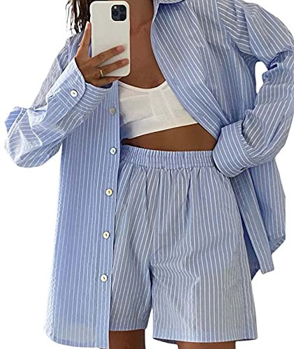 Damen 2-teiliges lässiges Trainingsanzug-Outfit-Set, gestreifte Langarmshirts und elastische Shorts, lockere Passform, Y2K Streetwear, blau, 38