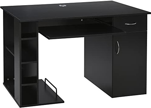 HOMCOM Bureau Informatique Table d'ordinateur multimédia Multi-rangements avec étagère tiroir Tablette Clavier MDF 120 x 60 x 74 cm Noir