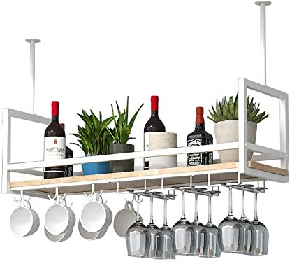 ZXFDM Mensole sospese a soffitto sospese per Cucina, Bar, Ristorante, mensole sospese, portabicchieri a soffitto, portabottiglie in Ferro massello, con ringhiera, Nero/Oro/Bianco