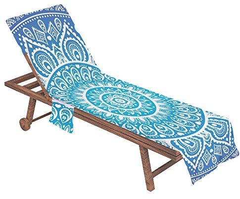 FANSU Beach Chair Cover - Mandala Sun Lounger Beach Towel with Pockets, Microfiber Quick Dry Chaise Lounge Towel Cover for Summer Outdoor Garden Pool Vacation Travel (75x210cm,Blue)